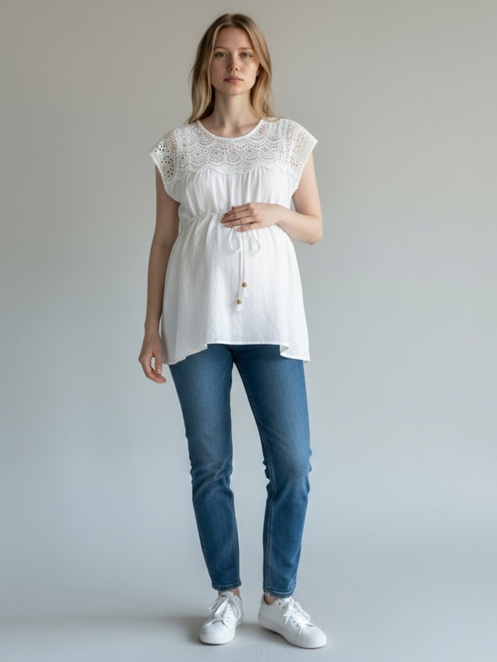 Motherhood Maternity M White Crochet Yoke Tie Back Blouse